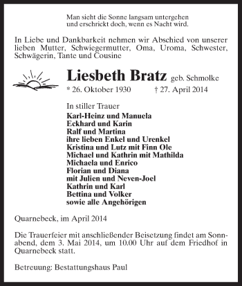 Todesanzeige von Liesbeth Bratz von Uelzen