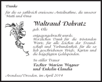 Todesanzeige von Waltraud Dobratz von Uelzen