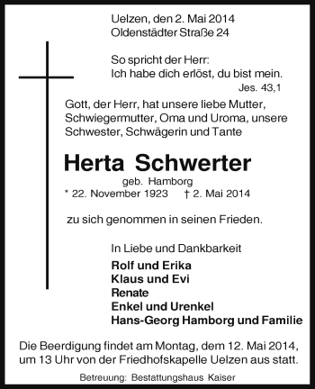 Todesanzeige von Herta Schwerter von Uelzen
