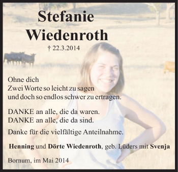 Todesanzeige von Stefanie Wiedenroth von Uelzen