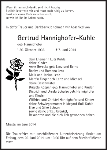 Todesanzeige von Gertrud Hannighofer-Kuhle von Uelzen