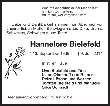 Todesanzeige von Hannelore Bielefeld von Uelzen