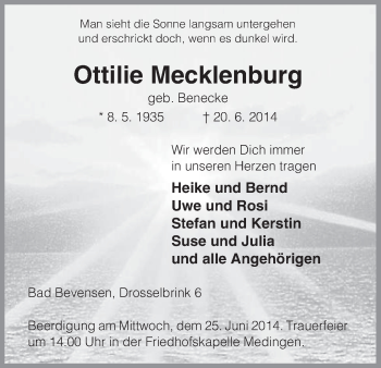 Todesanzeige von Ottilie Mecklenburg von Uelzen