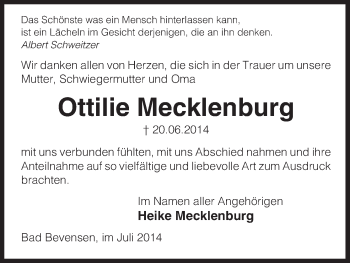 Todesanzeige von Ottilie Mecklenburg von Uelzen