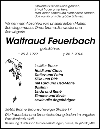 Todesanzeige von Waltraud Feuerbach von Uelzen