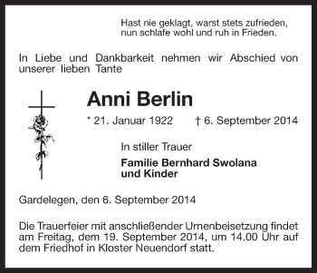 Todesanzeige von Anni Berlin von Uelzen