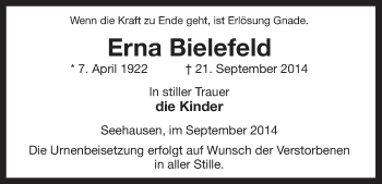 Todesanzeige von Erna Bielefeld von Uelzen