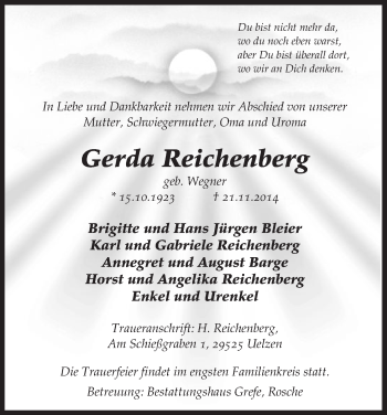 Todesanzeige von Gerda Reichenberg von Uelzen