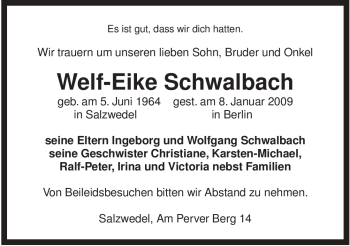 Todesanzeige von Welf-Eike Schwalbach von ALLGEMEINE ZEITUNG UELZEN