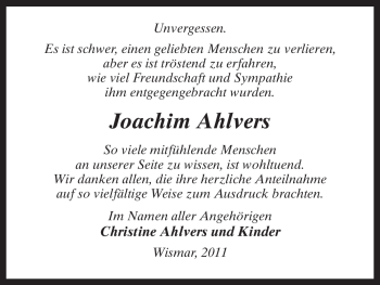 Todesanzeige von Joachim Ahlvers von ALLGEMEINE ZEITUNG UELZEN