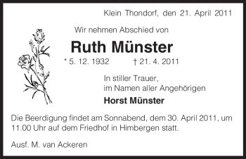 Todesanzeige von Ruth Münster von ALLGEMEINE ZEITUNG UELZEN