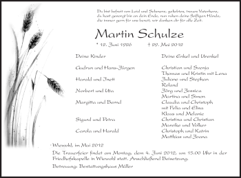Todesanzeige von Martin Schulze von ALLGEMEINE ZEITUNG UELZEN