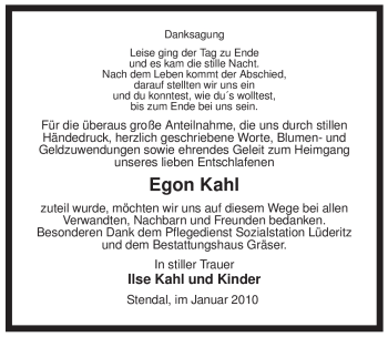 Todesanzeige von Egon Kahl von ALLGEMEINE ZEITUNG UELZEN