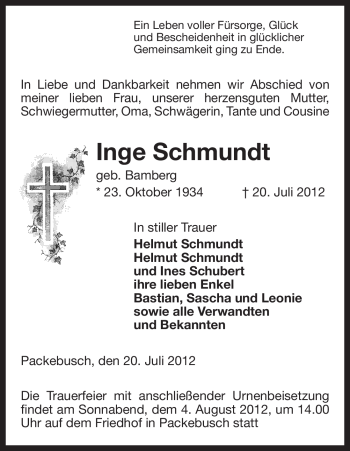 Todesanzeige von Inge Schmundt von ALLGEMEINE ZEITUNG UELZEN