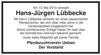 Todesanzeige von Hans-Jürgen Lübbecke von ALLGEMEINE ZEITUNG UELZEN