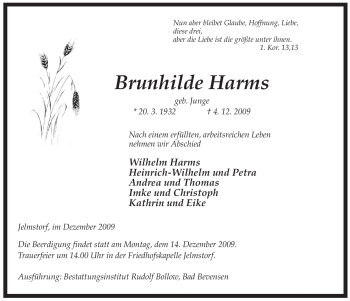 Todesanzeige von Brunhilde Harms von ALLGEMEINE ZEITUNG UELZEN