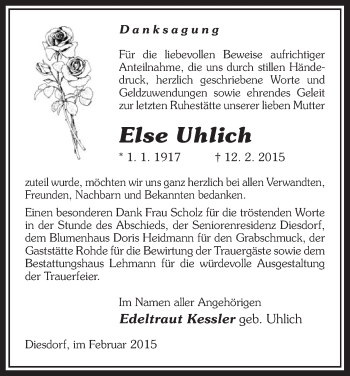 Todesanzeige von Else Uhlich von Uelzen