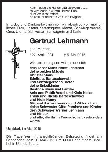 Todesanzeige von Gertrud Lehmann von Uelzen