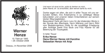 Todesanzeige von Werner Henze von ALLGEMEINE ZEITUNG UELZEN