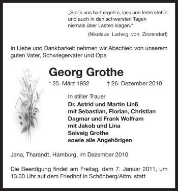 Todesanzeige von Georg Grothe von ALLGEMEINE ZEITUNG UELZEN