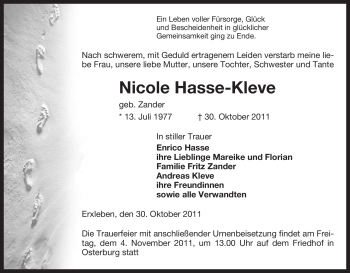 Todesanzeige von Nicole Hasse-Kleve von ALLGEMEINE ZEITUNG UELZEN