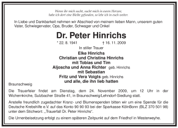 Todesanzeige von Peter Hinrichs von ALLGEMEINE ZEITUNG UELZEN