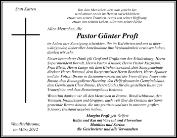 Todesanzeige von Günter Proft von ALLGEMEINE ZEITUNG UELZEN