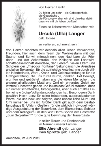 Todesanzeige von Ursula Langer von ALLGEMEINE ZEITUNG UELZEN