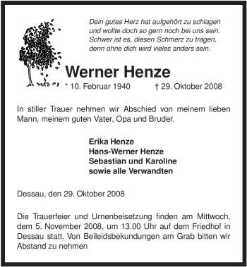 Todesanzeige von Werner Henze von ALLGEMEINE ZEITUNG UELZEN