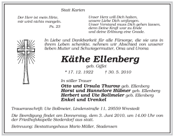 Todesanzeige von Käthe Ellenberg von ALLGEMEINE ZEITUNG UELZEN