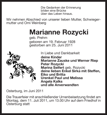 Todesanzeige von Marianne Rozycki von ALLGEMEINE ZEITUNG UELZEN