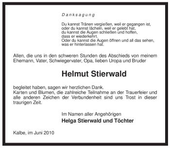 Todesanzeige von Helmut Stierwald von ALLGEMEINE ZEITUNG UELZEN