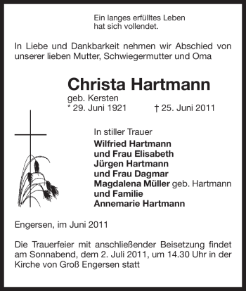 Todesanzeige von Christa Hartmann von ALLGEMEINE ZEITUNG UELZEN