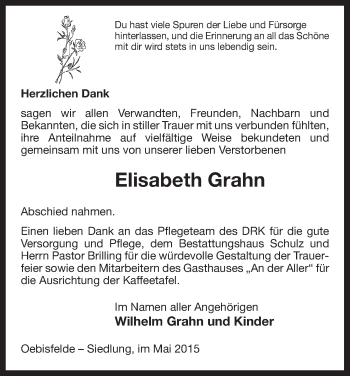 Todesanzeige von Elisabeth Grahn von Uelzen