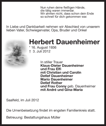 Todesanzeige von Herbert Dauenheimer von ALLGEMEINE ZEITUNG UELZEN