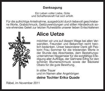 Todesanzeige von Alice Uetze von ALLGEMEINE ZEITUNG UELZEN