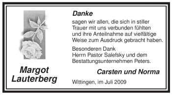 Todesanzeige von Margot Lauterberg von ALLGEMEINE ZEITUNG UELZEN