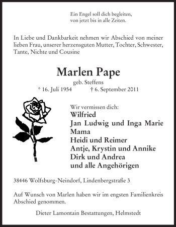 Todesanzeige von Marlen Pape von ALLGEMEINE ZEITUNG UELZEN