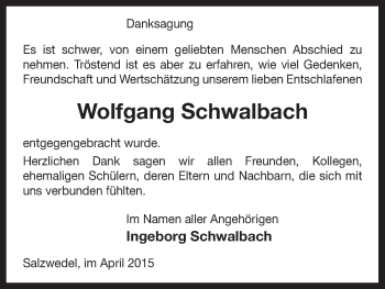 Todesanzeige von Wolfgang Schwalbach von Uelzen