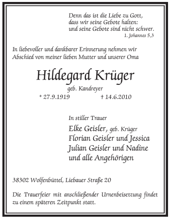 Todesanzeige von Hildegard Krüger von ALLGEMEINE ZEITUNG UELZEN