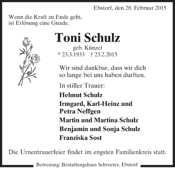 Todesanzeige von Toni Schulz von Uelzen