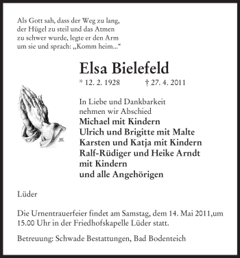 Todesanzeige von Elsa Bielefeld von ALLGEMEINE ZEITUNG UELZEN