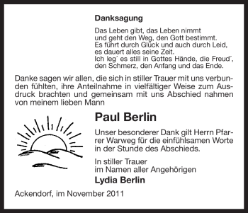 Todesanzeige von Paul Berlin von ALLGEMEINE ZEITUNG UELZEN