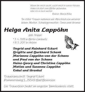 Todesanzeige von Helga Anita Lappöhn von ALLGEMEINE ZEITUNG UELZEN