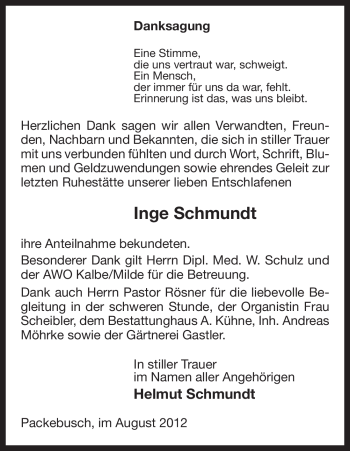 Todesanzeige von Inge Schmundt von ALLGEMEINE ZEITUNG UELZEN