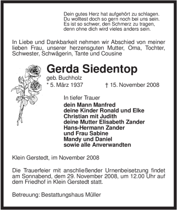 Todesanzeige von Gerda Siedentop von ALLGEMEINE ZEITUNG UELZEN