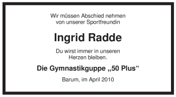 Todesanzeige von Ingrid Radde von ALLGEMEINE ZEITUNG UELZEN