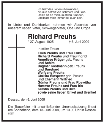 Todesanzeige von Richard Preuhs von ALLGEMEINE ZEITUNG UELZEN