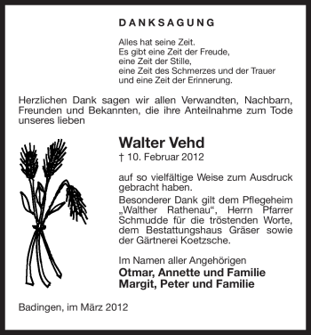 Todesanzeige von Walter Vehd von ALLGEMEINE ZEITUNG UELZEN