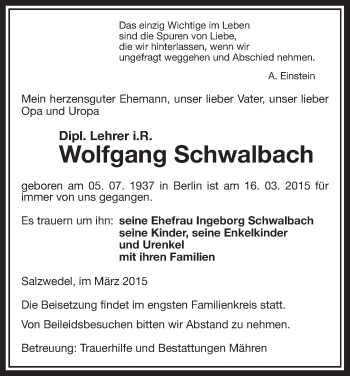 Todesanzeige von Wolfgang Schwalbach von Uelzen